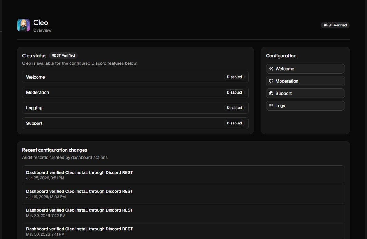 The real Cleo Discord server overview showing configuration and recent changes